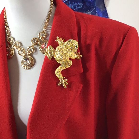 Vintage large rhinestone encrusted gold frog pin brooch - Picture 5 of 11